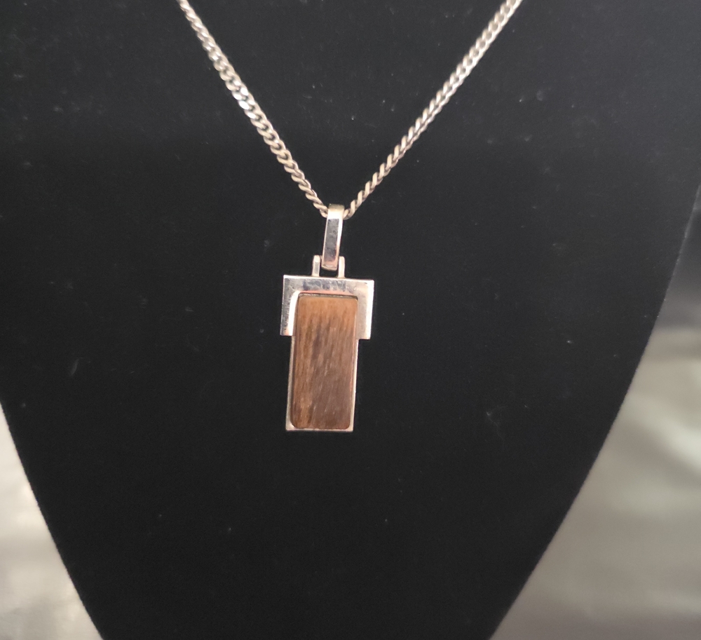 Avon Silver Necklace with Brown Wood-Style Rectangular Pendant
